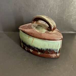 Handcrafted Iron Shape Ceramic Decorative Trinket Box in Brown and Green